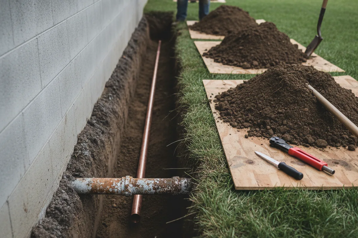 Excavated water line trench during Water Heater Repair in Benton